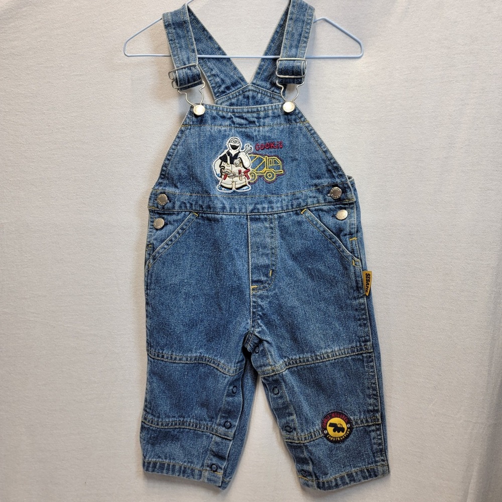 Vtg 90s Sesame Street "Cookie Monster. Construc" Denim Overalls- 12 Mos Y2k Bibs